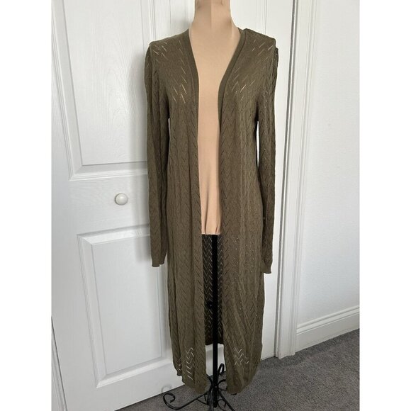 DR2 Open Front Lightweight Open Weave Olive Green Long Cardigan Sweater Size S - Picture 1 of 6